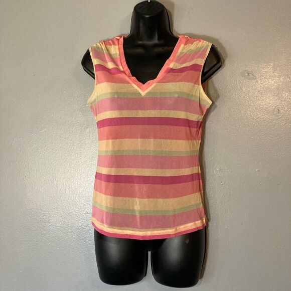 New York & Company sheer mesh pink striped top - Picture 1 of 6